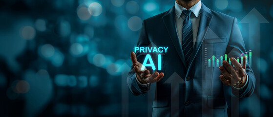 A professional in a suit demonstrates AI privacy and data growth, highlighted by digital graphs and upward trends..