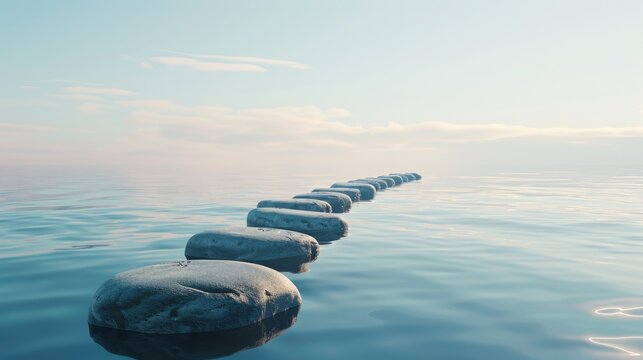 Stepping stones lead the way forward over a tranquil sea to a brighter future.