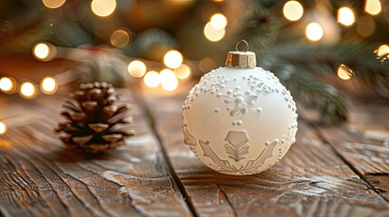 Close-up of an elegant white Christmas decoration placed on a wooden table with a blurred background with bokeh lights and pine cones.,