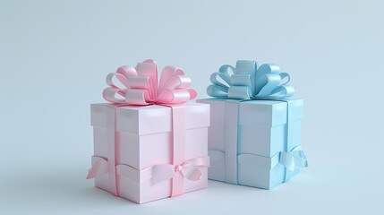 Obraz premium Pastel gift boxes with ribbon on white background, minimalist style, simple design, cute, no shadows, white background, pastel colors, pink and blue, gold ribbons.