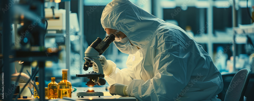 Poster biologist in uniform working using microscope