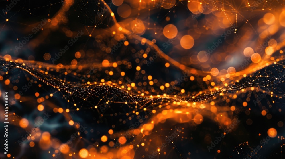 Poster abstract glowing orange particles on a dark wave surface. digital 3d rendering of orange blurring li