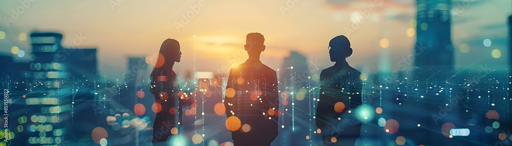 Poster tech team deploying unified communication system across multinational company at sunset cityscape