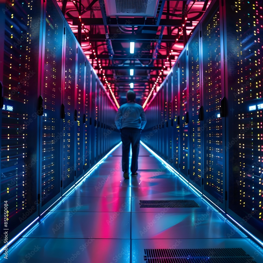 Poster high tech server room with engineers optimizing communication network for efficient digital business