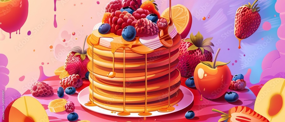 Wall mural Design a whimsical and vibrant illustration of a fluffy stack of pancakes adorned with a delightful array of fruit and syrup toppings - Wall murals