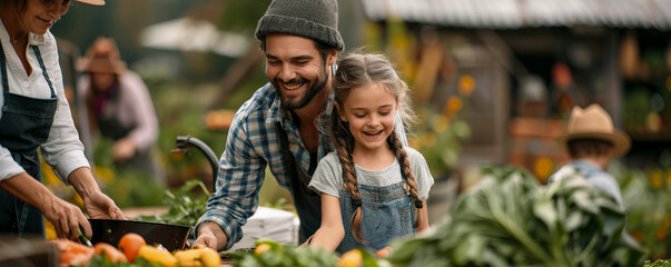 A family participating in a farm-to-table cooking class, harvesting fresh ingredients and learning to prepare farm-fresh meals.