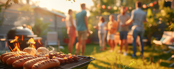 A group of friends hosting a lively barbecue party in a backyard, grilling burgers and hotdogs while enjoying good company
