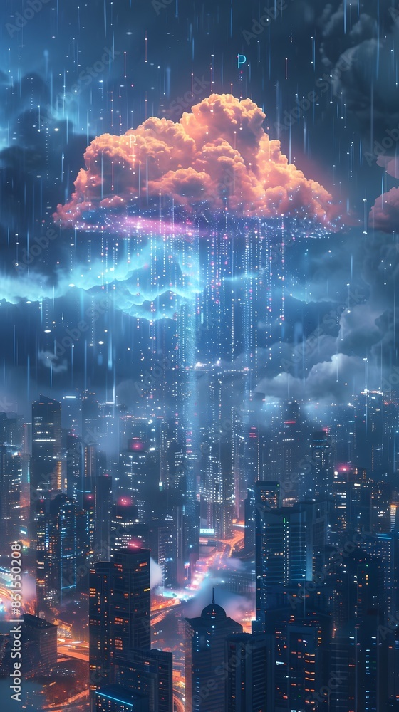Poster futuristic cityscape with digital clouds representing data storage above modern buildings cloud comp