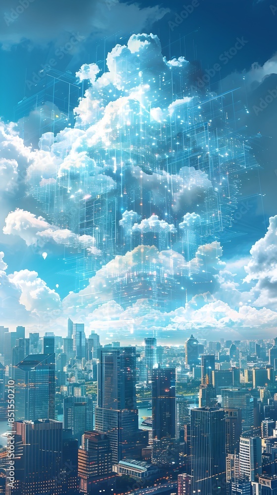Poster futuristic cityscape with digital clouds representing data storage above buildings cloud computing c