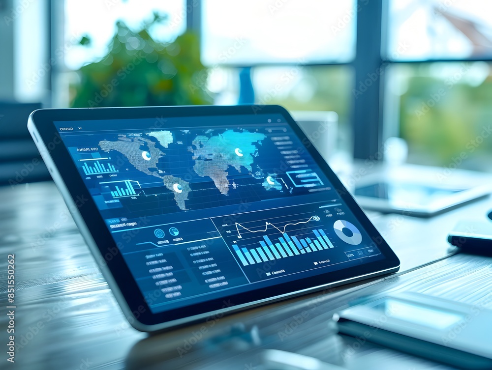 Poster cloud computing dashboard on tablet displaying real time analytics and cloud resources
