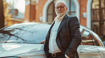 A rich fat businessman with bald head, black glasses and casual business suit, standing in front of his new buy luxury car, concept of wealth and happiness