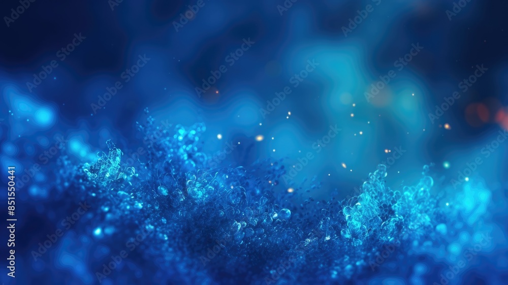 Poster abstract digital artwork of dynamic blue particles with glowing elements and dark background. shiny 
