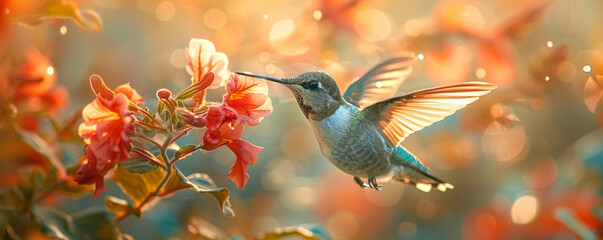Naklejka premium A close-up photo of a hummingbird hovering in front of a flower, its wings beating so fast they are almost invisible.