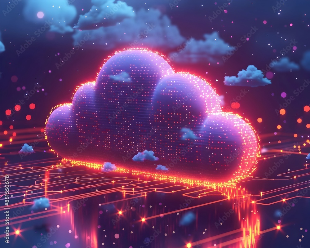 Poster vibrant 3d animated hybrid cloud visualizing future data connectivity and computing power