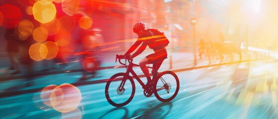 Silhouette of a cyclist riding through a vibrant, sunlit city street.