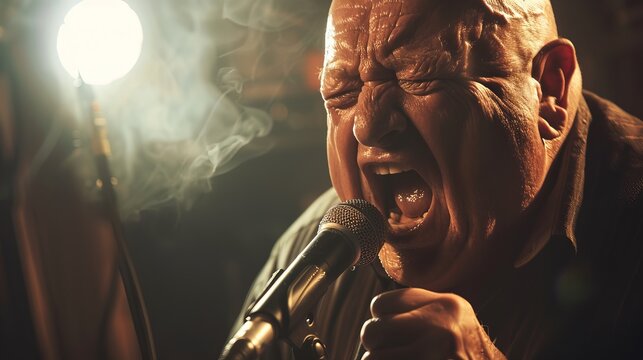 In a funny singing contest, a bald fat man holding mic and singing with his full power, his face full of sweat and his mouth wide open, eyes and fist closed as he is singing very hard