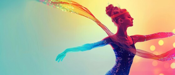 Colorful illustration of a woman dancing with a flowing ribbon.