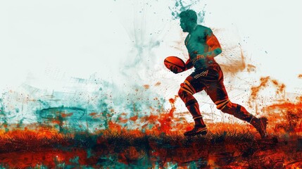 Close-up of a rugby ball on a field with a player in the background.