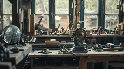 Cozy vintage workshop filled with various tools, wooden workbenches, and natural light from large windows, highlighting a creative workspace.