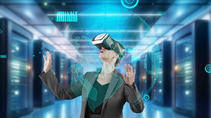 Woman selecting point world market data rotating graph analysis monitor by VR future global innovation interface digital infographic network technology virtual hologram animation server. Contraption.