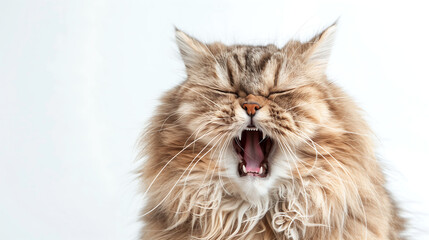 cute fluffy cat is yawning against a white background in a studio shot, copy space