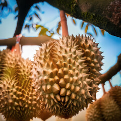 Fototapeta premium The durian plantation was taken at a wide angle so that it was possible to see the trees, with lots of hanging fruit, healthy tree branches and leaves.