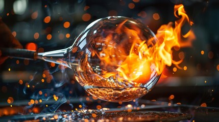 Glass blower shaping molten glass with fire. A fiery and mesmerizing display of craftsmanship captured in vibrant detail.