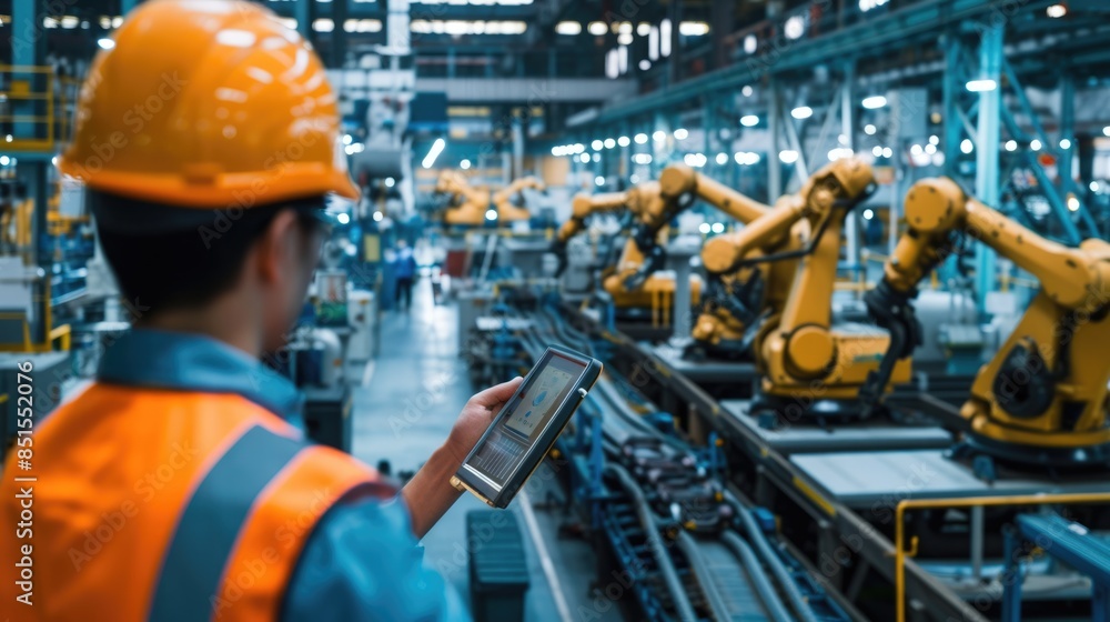 Poster an engineer attentively monitors automated robotic arms in a high-tech industrial setting, highlight