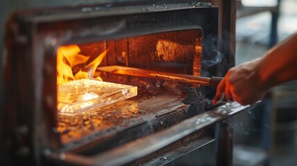 Hand placing glass sheet into hot furnace in glassblowing workshop, showcasing glassmaking process with glowing fire and intense heat.
