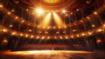 Wide-angle perspective of a well-lit opera house, golden accents gleaming under the spotlight, seen from the stage.