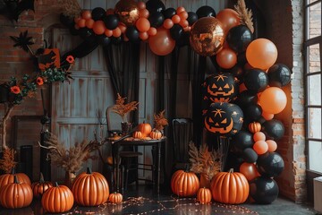Obraz premium Halloween party setup with balloons and pumpkin decorations,