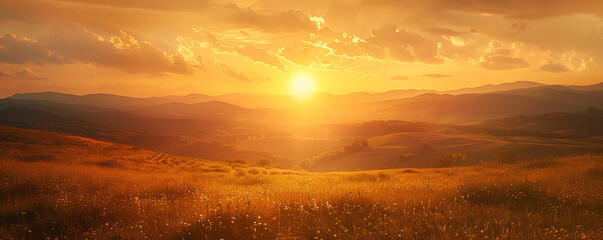 Fototapeta premium A golden sunset with the sun dipping below the horizon, casting a warm glow over the landscape.