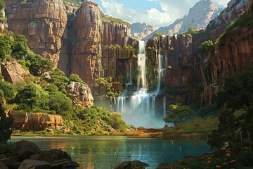 Fototapeta premium Illustrate a breathtaking long shot of a majestic waterfall cascading down rugged cliffs into a tranquil pool below,
