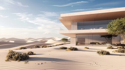 Fototapeta premium A luxury house exterior view, modern home in middle of a desert, sand dunes everywhere and desert plants and trees, isolated house and peaceful nature concept