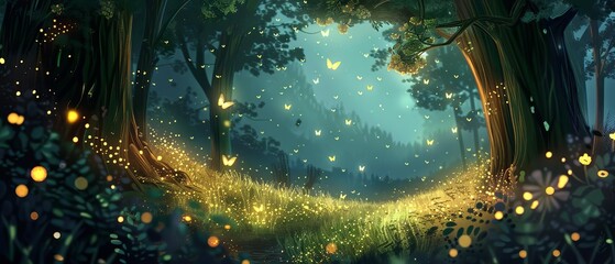 Illustrate a magical forest scene with enchanting fireflies dancing through the trees, all from a captivating worms-eye view perspective,