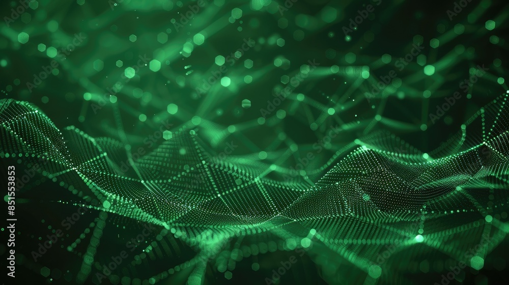 Poster the image is a glowing green circuit board. the circuit board is made up of many small green dots th