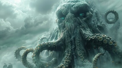 Fototapeta premium humanoid with tentacle face from baldur's gate, beneath cloudy sky