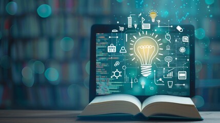 Online learning concept with icons of a computer book and light bulb on a digital screen. Concept Educational Technology, E - Learning Tools, Digital Learning Resources, Online Study Materials