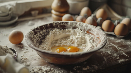Egg Yolk Nestled in Flour in a Bowl, Ready for Baking