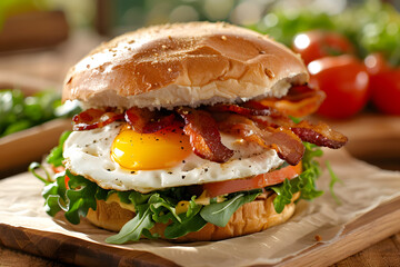 Delicious bacon and egg burger commercial food photo