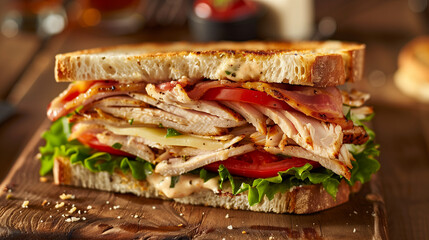 toast sandwich ful of turkey breast bacon and vegetables