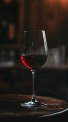 A wine glass is filled with red wine on a wooden table