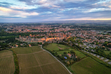 Aerial view of Carcassonne at sunrise, France.