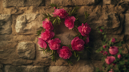 Beautiful spring background delicate pink peonies in a wreath on a textured brick background close-up and copy space.