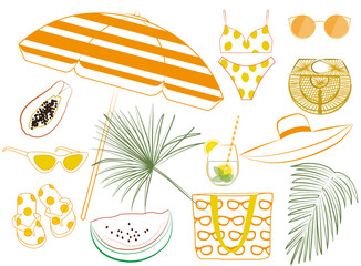 ensemble vecteur vacances été plage parasol tropical accessoires fruits coloré trait © Fatimata