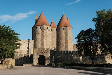 View of Narbonnaise Gates of Carcassonne Fortress on sunny morning, France.