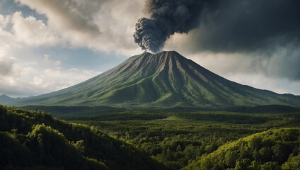 Volcano landscape, smokey volcanic mountain eruption, mount peak