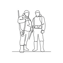 Fototapeta premium One continuous line drawing of soldiers holding weapons during war drills in a training camp vector design illustration. Soldier training activity illustration in simple linear style vector design.