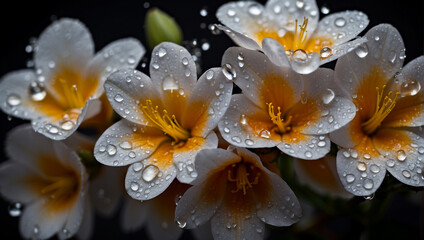Fototapeta premium Waterdrops on flowers, white and yellow bloom flora macro