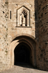 Entrance to Carcassonne Fortress through the Narbonnaise Gates, France.